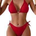Eomenie Womens Ribbed Bikini Set Sexy Halter Triangle Top Swimsuit Tie Side Two Piece Bathing Suit Moderate Coverage (Red, XL)