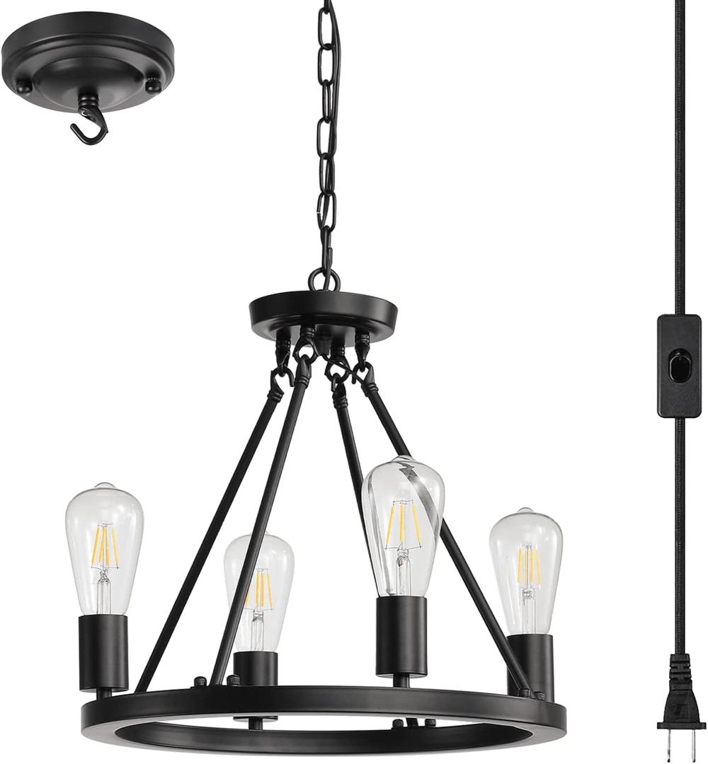 4-Light Plug in Chandelier,Wagon Wheel Style,Black Round Metal Chandelier,Hanging Light with 16.5ft Cord,On/Off Switch,Modern Industrial Look outdoor light fixture for gazebo,Bedroom,Dining Room