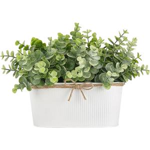 Dahey Fake Eucalyptus Plants Indoor for Farmhouse Home Decor Artificial Faux Plants in Rustic Rectangular Pots Table Centerpiece for Bathroom Office Living Room Shelf Laundry Decor, 7" L x 4" H, White