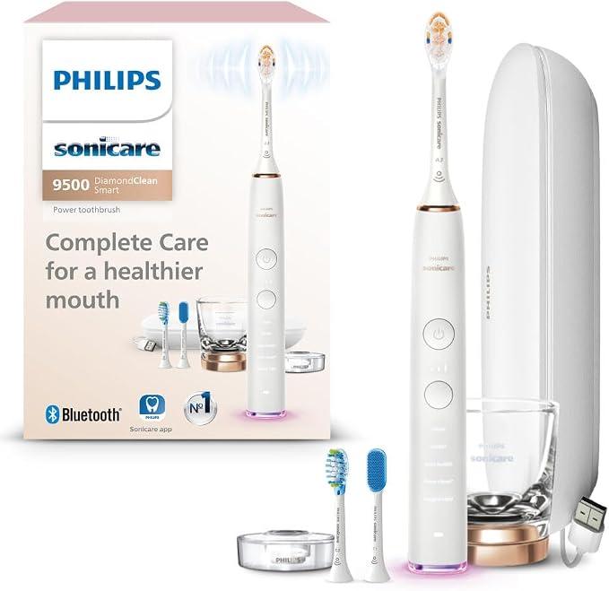 Philips Sonicare DiamondClean Smart 9500 Electric Toothbrush - Sonic Toothbrush with App, Pressure Sensor, 15 Brushing Settings, Replacement Reminder, USB Charging Travel Case, Rose Gold, HX9923/61