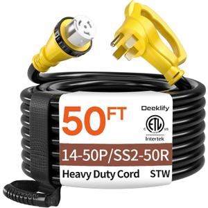 50FT 50 Amp Generator Cord, NEMA 14-50P/SS2-50R Heavy-Duty 4 Conductors Cable, Pure Copper STW RV Extension Cord, Female Plug with Twist Lock, Suitable for RV or Camper, ETL Listed