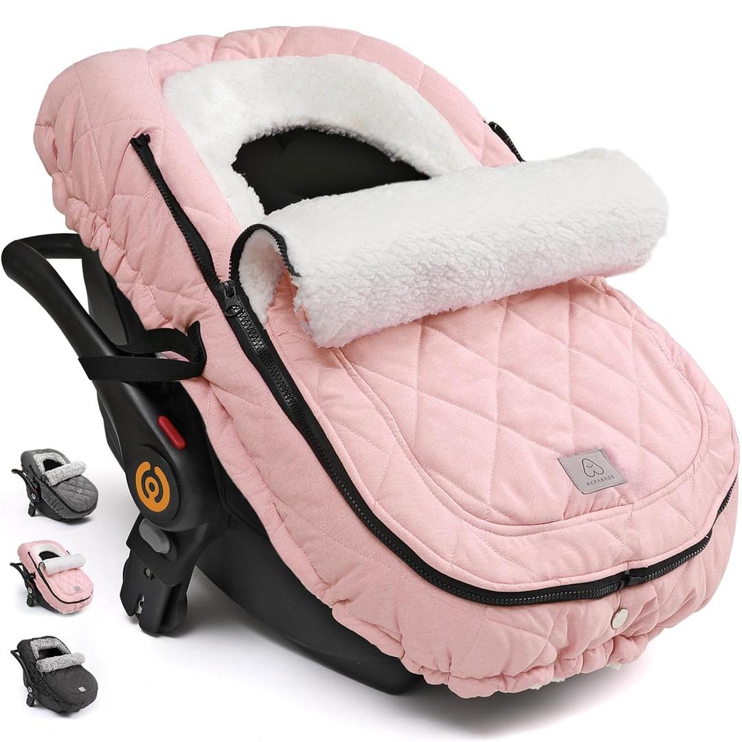ACRABROS Car Seat Cover Baby: Winter Infant Carseat Canopy for Boy Girl Newborn, Zipper Peeping Window, Warm Cozy Cold Weather Waterproof Fitted, Pink