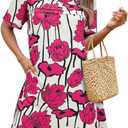 Wenrine Womens Summer Casual Floral Mini Dress Short Sleeve Pleated Front Loose Beach Tunic Dresses with Pockets (Medium, Rose Red)
