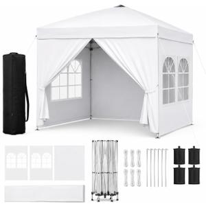 Garvee 10x10 Pop Up Canopy Tent, 4 Sidewalls, One-Button Setup, White | Removable panels, zippered entry, steel frame, UV- and water-resistant fabric, for patios, camping and outdoor events