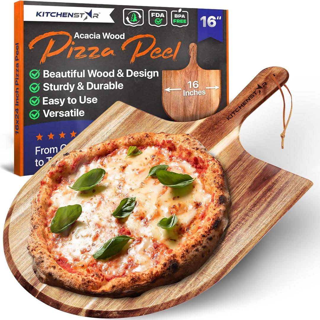 Wooden Pizza Peel 16 Inch - Acacia Wood Pizza Board for Pizza Making, Sliding, Cutting & Serving - Food Oil Processed Paddle Spatula w Handle & Hanging Loop - Pizza Oven Accessories by KitchenStar (16")
