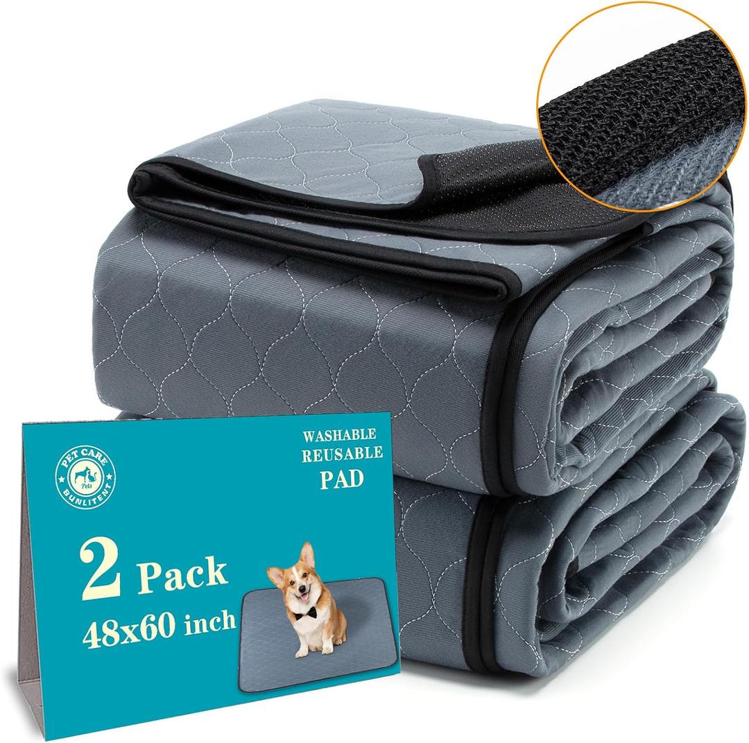Bunlitent Washable Pee Pads for Dogs 48x60, 2 Pack, Extra Large Reusable Puppy Pads, Dog Training Pads with Quick Dry, Large Anti-Slip Dog Pee Pads, Whelping Pads, Potty Pad (Gray)