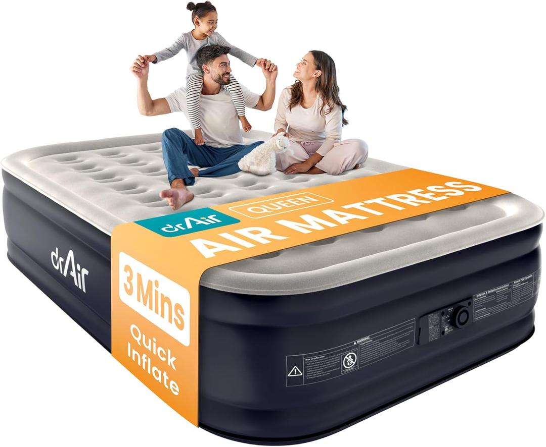 Queen Air Mattress with Built-in Pump, 18" Raised Blow Up Mattress, 800 lbs Max Honeycomb Air Bed, 48Hr Leak-Proof Test, 3min Inflatable Mattress for Home, Guests, Camping, Colchones inflables (Gray Top With18" Black Base)