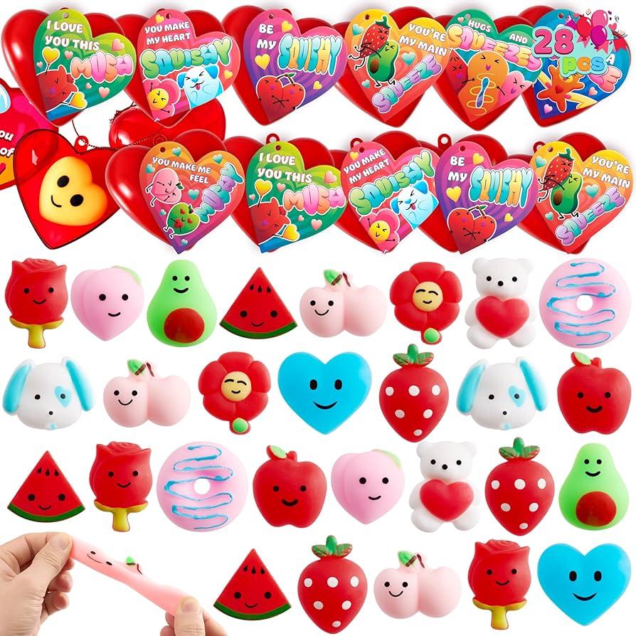 28 Pack Valentines Day Gifts for Kids Classroom Mochi Squishies Fidget Toys Filled Heart & Valentines Day Cards for Kids School, Valentines for Class Exchange Gifts School Party Favors for Boys Girls