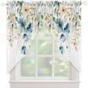 Flowers Eucalyptus Swag Curtain Valance for Kitchen Window,Botanical Blue Beige Floral Leaves Voile Sheer Tier Curtains,Watercolor Plants Rod Pocket Tier Swag Topper for Living Room 36"x63" 2 Panels