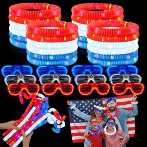 Fourth of July Party Favor Supplies for Kids 24 PCS, 4th of July Red White Blue Glow Sticks & Glasses for Toddler, Light up Necklace Bracelet Accessories Decoration Stuff for Memorial Day, Parade Throw