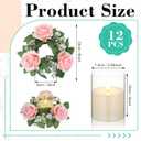 Yunlly 12 Pcs Rose Candle Rings with Flameless Candles Sets, Artificial Flower Eucalyptus Wedding Centerpiece 3 Inch Pillar Candleholders Wreaths for Wedding Party Mother's Day (Pink)