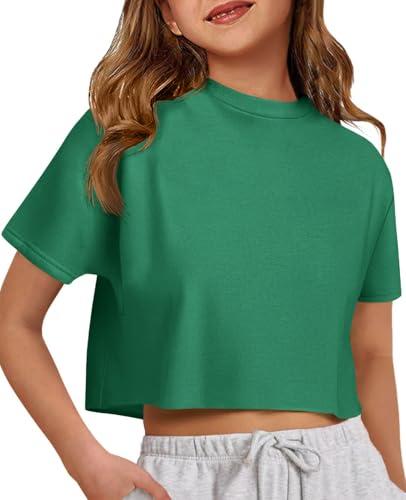 ZDC Girls Athletic Oversized Crop Tops Kids Drop Shoulder Short Sleeve T Shirts Workout Tees 5-14 Years Green S