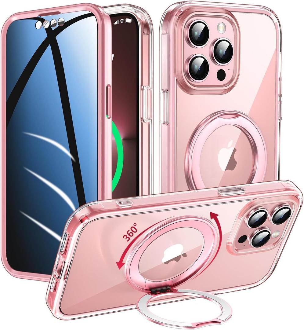 WASTROYAL Privacy Case for iPhone 14 Pro Max with 360°Stand [Built-in Anti Peeping Screen Protector] [Compatible with MagSafe] [Magnetic Ring ] Full Body Protective Phone Cover 6.7", Pink