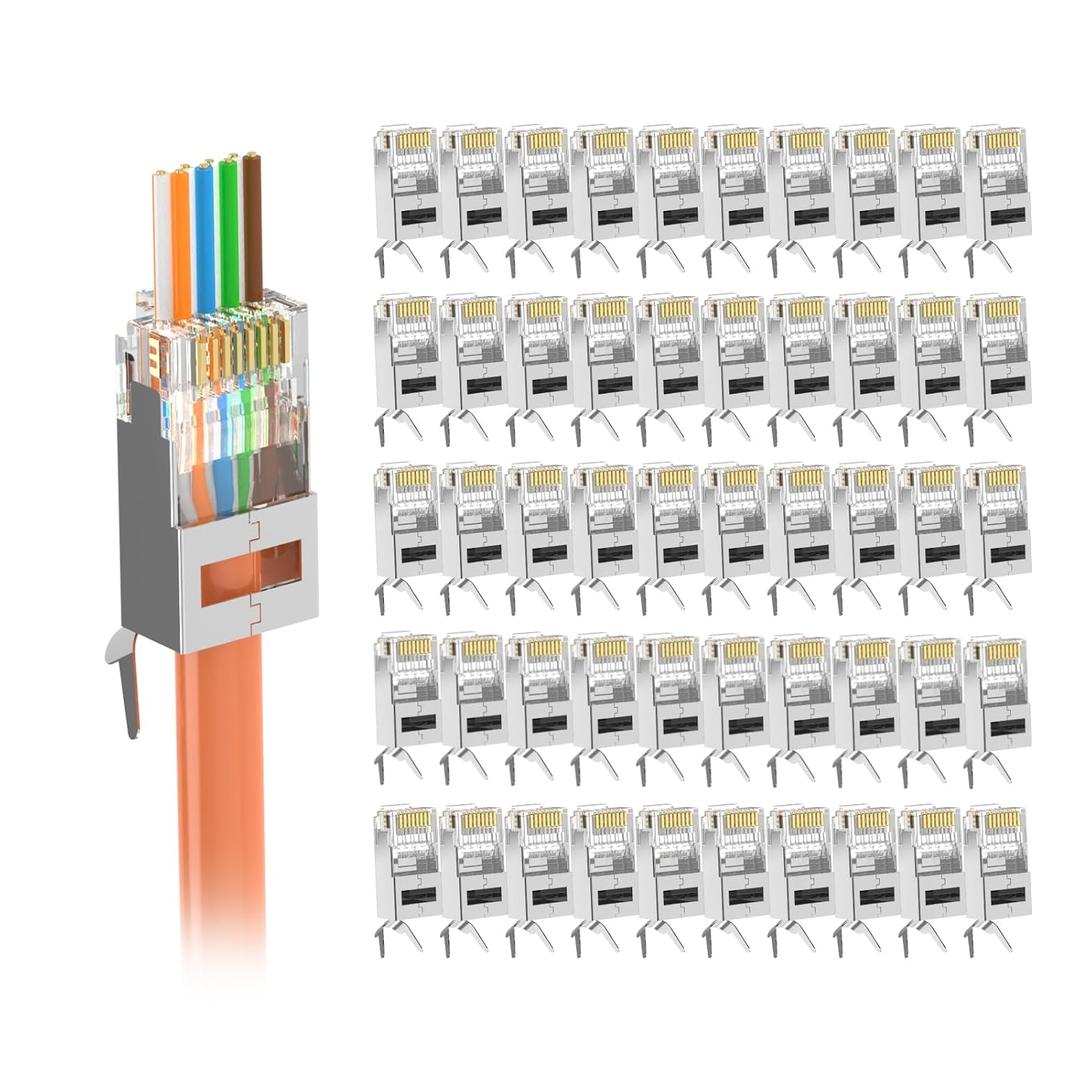 VCELINK Cat7 Cat6A Shielded Pass Through RJ45 Connectors, UL-Listed 3-Prong Gold Plated CAT7 Modular Plug for Solid or Stranded STP/FTP Eternet Cable (50-Pack)