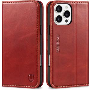 SHIELDON Case for iPhone 16 Pro Max 2024, Genuine Leather Foldable Wallet Case, Kickstand, RFID Blocking Credit Card Slots, Magnetic Protective Case Compatible with iPhone 16 Pro Max 6.9" - Retro Red