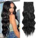 Clip in Hair Extensions, 6 PCS Natural & Soft Hair & Blends Well Hair Extensions, Dark Brown Long Wavy Hairpieces(24inch, 6pcs, Natural Black)