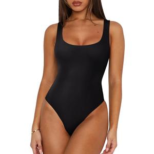 REORIA Women's Sexy Square Neck Sleeveless Double Lined Basic Bodysuits Backless Tank Tops Going Out, XL