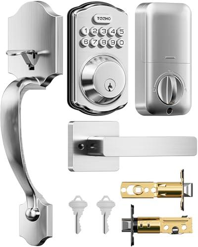TEEHO TK001H Keyless Entry Door Lock with Handle Set, Electronic Deadbolt Keypad Door Lock with Code, Smart Locks for Front Door, Exterior Door Handle, Auto-Lock, Easy to Install, Satin Nickel