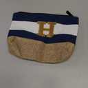 Becokan Beach Bag Initial Beach Tote with Makeup Bag for Travel Work Storage Personalized Birthday Gifts for Women Her (Dark Blue 2 Pcs)