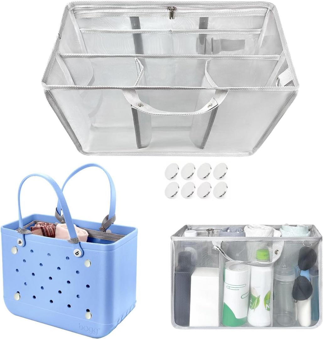 XYFuuee Beach Bag Organizer Inserts for Baby Medium Bogg Bag Accessories with 8 Removable Metal Fasteners, Lightweight Mesh Insert Divider Pouch, Organizing Rubber Tote, Save Storage Space, Gray M (2.0 Medium)