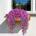 Artificial Hanging Flowers for Outdoors, 2 PCS 300 Blooms UV Resistant Morning Glory Faux Silk Vines, No-Odor Realistic Fake Plants for Garden Planter Porch Patio Decoration, Fuchsia & LightPurple