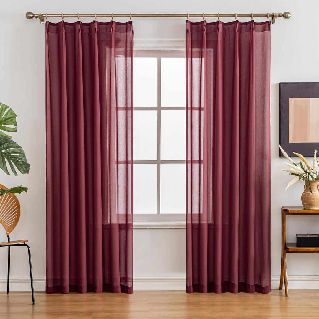 Pinch Pleated Sheer Curtains 84 Inch Length 2 Panels Set, Winery Semi Voile Sheer Curtains for Bedroom Living Room Pinch Pleated Soft Touch Light Filtering Drapes(Winery, 42 W x 84 L, 2 Panels)