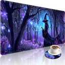 Beautiful Witch Large Gaming Mouse Pad with Coaster, Durable Stitched Edges Protection Design, Cute Large Desk Mat for Desktop, 31.5x11.8 inch XXL Extended Computer Mat for Gaming and Office