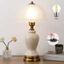 Ceramic Table Lamp Dimmable for Living Room, 16" Modern Vintage Bedside Nightstand Lamps with White Glass Shade,Classic Chinoiserie Retro Bedroom Lamp for Night Stands, Dorm,Office, Home Decor