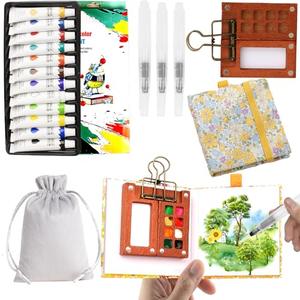 Portable Mini Watercolour Paint Set Travel & Pocket Wooden Paint Palette with Metal Clip, Water Colour Paints Sets with Sketchbook & Water Pen for Painters,Artists,Beginner (Yellow, 12 Colors, S-8 Grids)