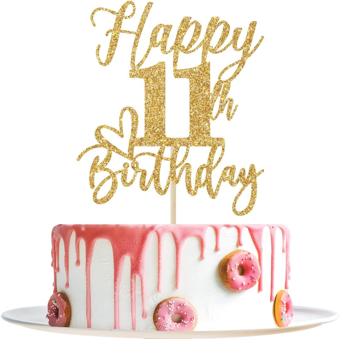Happy 11th Birthday Cake Topper, 11th Birthday Decorations, Cheers to 11 Years, Hello 11, 11th Happy Birthday Party Supplies Gold Glitter