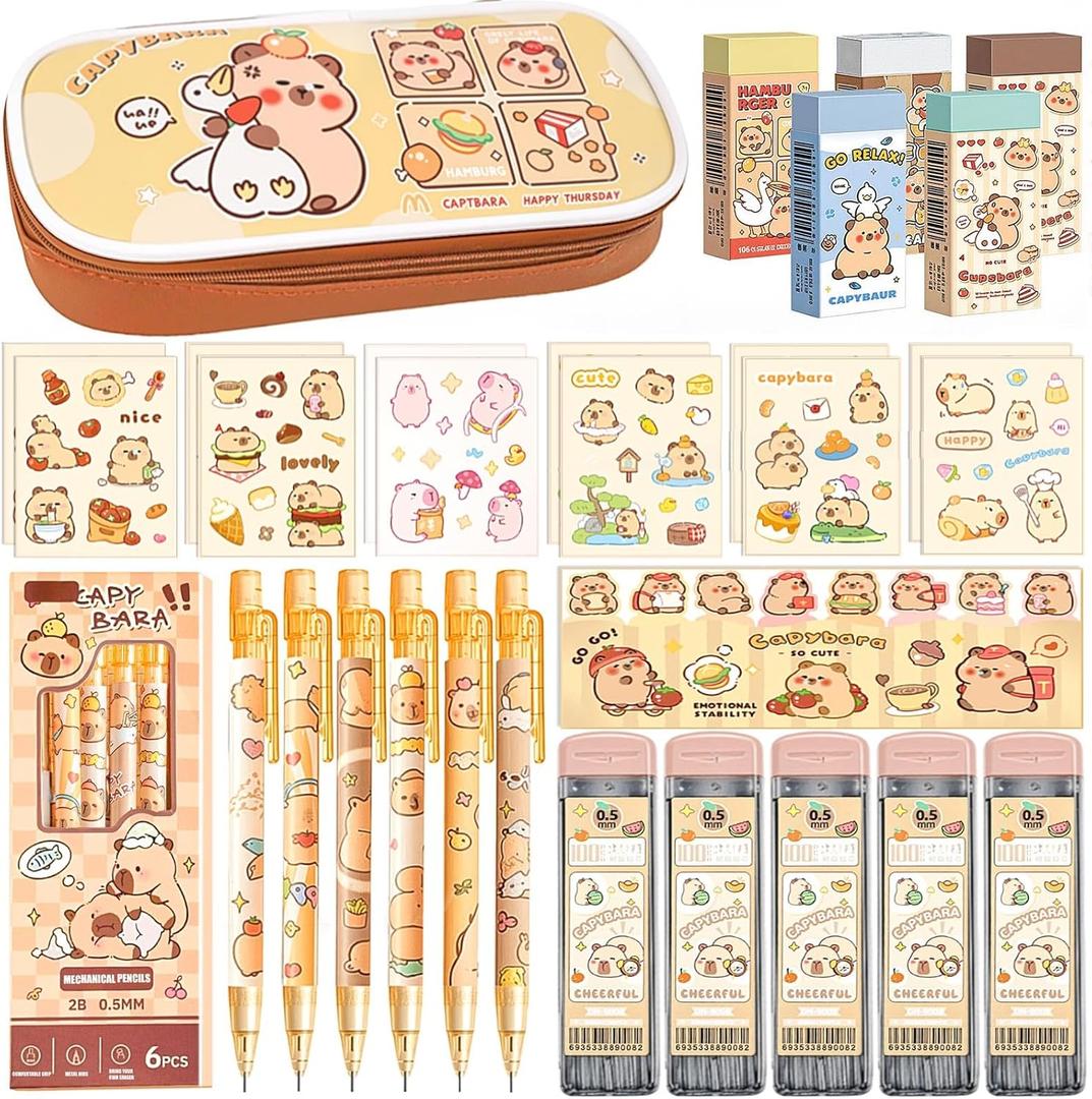 Cute Kawaii Capybara School Supplies,Capybara Mechanical Pencil Set Birthday Gifts,Includes Mechanical Pencils,Lead Refills,Erasers,Capybara Stickers,Pencil Holder,for Office School Supplies