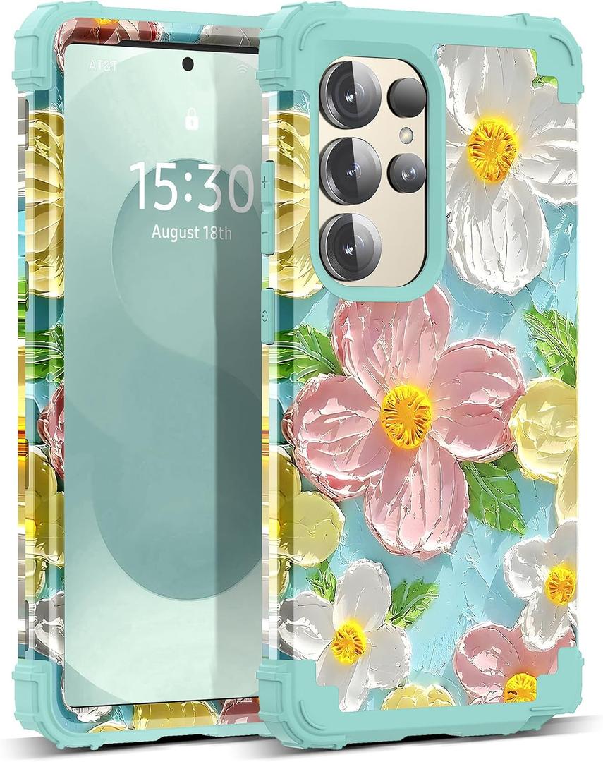 for Galaxy S25 Ultra 5G Case,3 in 1 Oil Painting Flower Pattern Heavy Duty Protection Silicone Rubber Bumper+Hard Plastic Protective Cover for Samsung Galaxy S25 Ultra,Green Flower