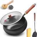 WANGYUANJI 9.5-Inch Iron Wok Pan with Lid & Spatula, Deep Flat-Bottom Stir Fry, Uncoated & Unseasoned, Induction Compatible, Upgraded Wooden Handle