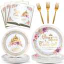 96Pcs Fairytale Princess Plates and Napkins Once Upon a Time Party Tableware Set Plates for Wedding Girl Pink Floral Gold Castle Dinnerware for Birthday Party Baby Shower Decoration Supplies Serve 24