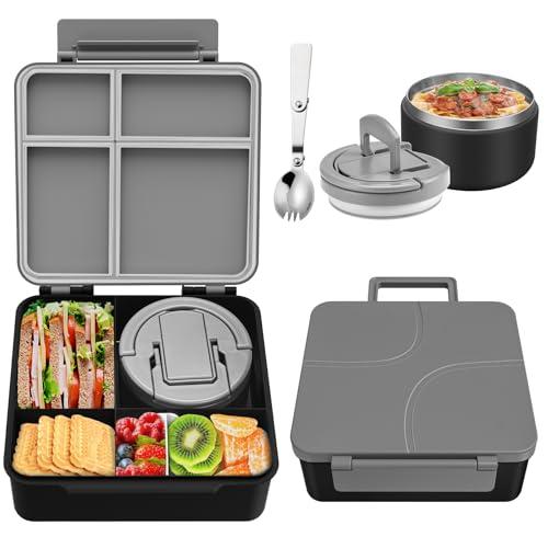 Bento Lunch Box for Kids with 8oz Soup Thermo,Kids Leakproof Lunch Food Containers with 4 Compartment,Kid Insulated Thermo Hot Food Jar for School,Trvael-Black