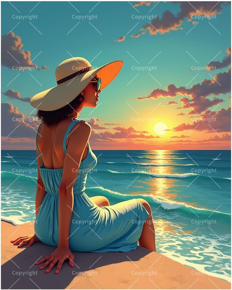 Scenery Paint by Numbers Kit for Adults - DIY Woman Watching Sunset by Sea Painting on Canvas 16x20In, Acrylic Paint Set, Suitable for Beginners, Art for Home Decoration or Gifts