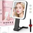Travel Makeup Mirror with Lights, 1500mAh Rechargeable, Double-Sided 10X/1X Magnification, 3 Color Lighting, Smart Touch Dimming, Precision Tweezers, Lighted Mirror for Desk, Trip, Home, Office, Black