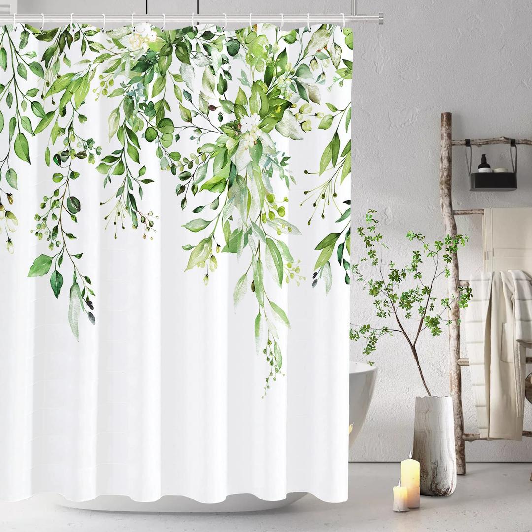 Tititex Greenery Eucalyptus Shower Curtain Sets, Bright Green Watercolor Leaves on The Top Plant with Floral Bathroom Decoration 60x72 Inch with Hooks