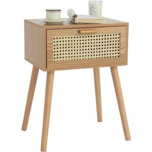 AWASEN Mid Century Nightstand, Rattan Side Table with Drawer, Modern Bedside Table with Storage and Solid Wood Legs for Living Room, Bedroom and Small Space (Brown)