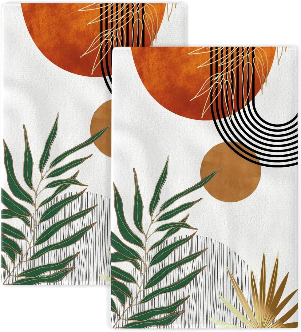 Mid Century Dish Towels 16x24 inches Pack of 2, Boho Modern Abstract Orange Gold Sunset Kitchen Towels, Hand Towels, Bohemian Style Tropical Leaf Bathroom Decor for Home Decor