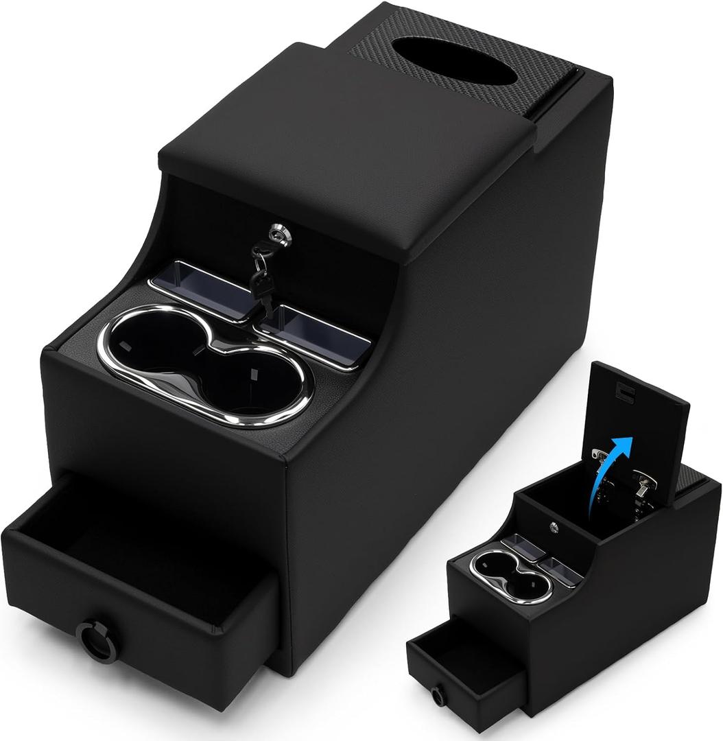 Center Console Between Seat Organizer for Minivans, SUVs, with Phone Holder & Cup Holders for Minivan &SUVs, Middle Van Floor Console Organizer Storage Box- Black