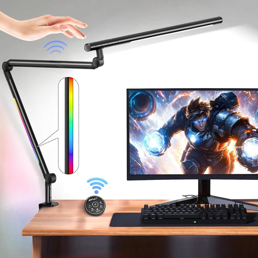 LED Desk Lamp with Clamp, 18W Architect Desk Lamp with Dual Light, Flexible 3 Sections Swing Arm, with RGB Light, with Remote, with Sensor Switch, Stepless Dimming, 4 Color Mode & 5 Brightness