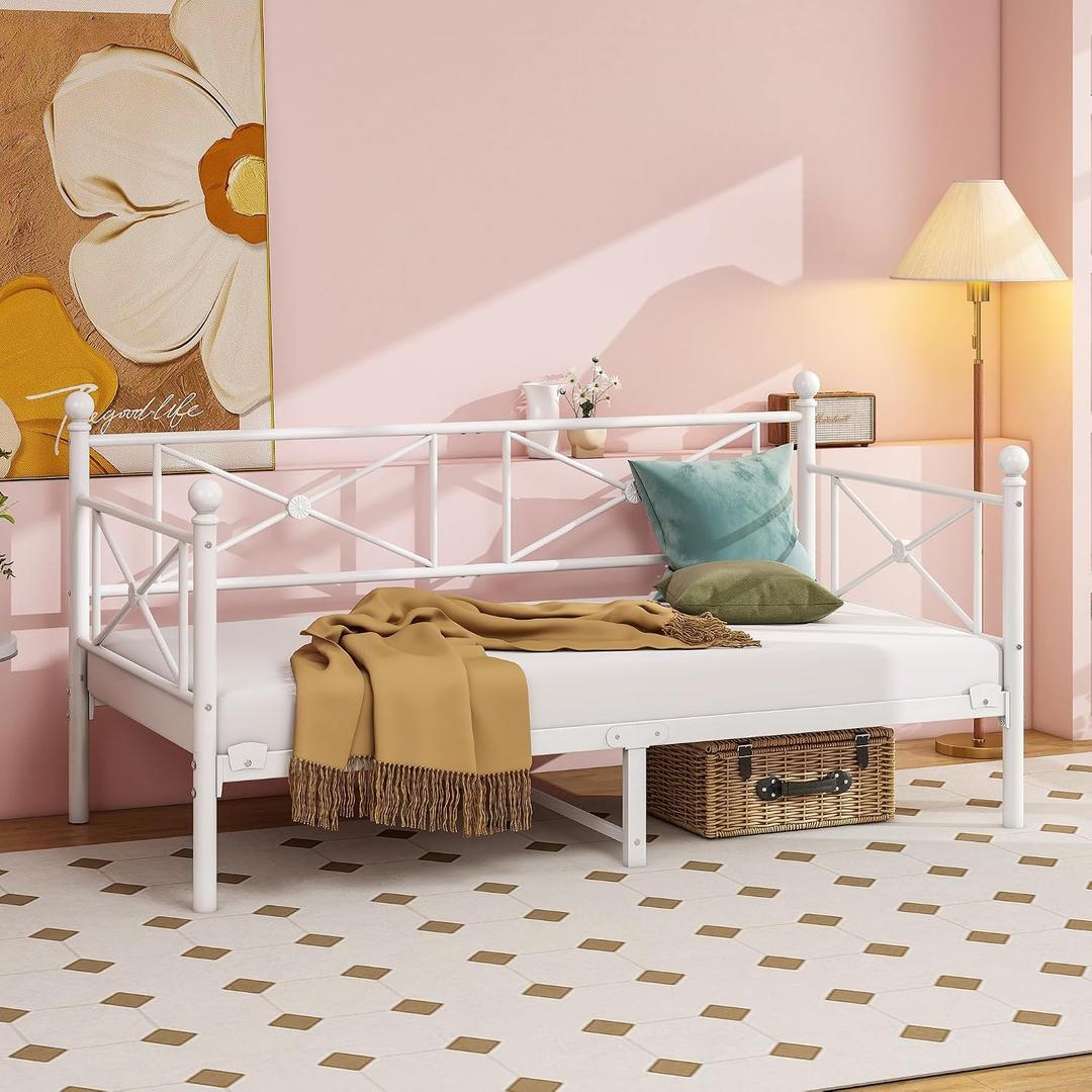 FOUBAM Metal Daybed Frame,Twin Size Sofa Bed Frame, White