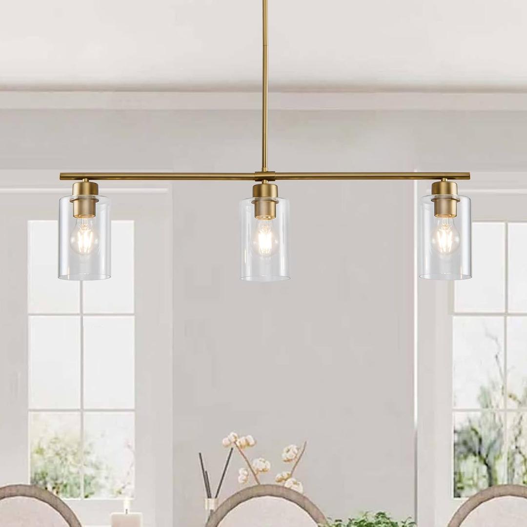 HuisMier 3 Lights Kitchen Island Lighting, Farmhouse Brushed Brass Pendant Light Fixtures with Clear Glass Shades, Modern Linear Island Lights for Kitchen Dining Room Bar Foyer