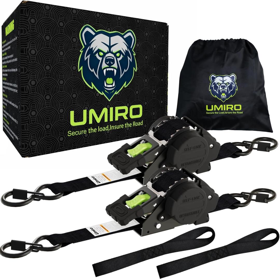 Retractable Ratchet Straps 1''x 12ft Heavy Duty Tie Downs Bolt on Auto Retract Ratchet Strap 1760lb Break Strength Self Retracting for Truck,Cargo,Trailer,Motorcycle,ATV,UTV (Black-Green,2 Pack)