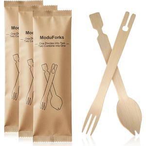 3 x 30 Sets Interlocking Bamboo Forks and Spoons, Bamboo Forks Spoons Combo Set, 3 Funtions 60 Pcs Biodegradable Disposable Cutlery for Party Camping and Serving Food