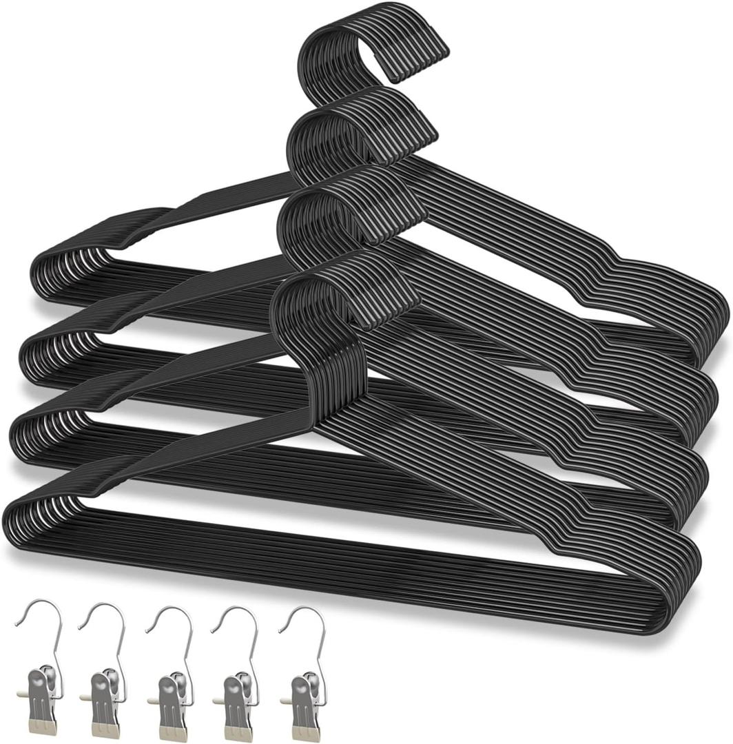 40Pack+5 Clips Luxurious Hanger Set 16.69" Heavy Duty Matte Black Metal HangersWithstands 50lbs Weight Smooth Powder Coated Finish Compact Shirt Hangers