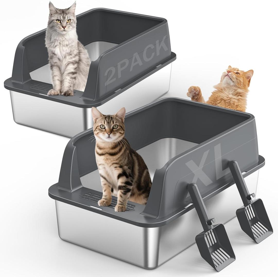 2PACK Stainless Steel Litter Box, Extra Large Litter Boxes for Big Cats, XL Metal Cat Litter Box with Lid High Sides, Anti-Urine Leakage, Non-Sticky, Scoop Included (Dark Grey)