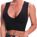 Women's Sexy Sleeveless Seamless Crop Top Deep Plunge V Neck Ribbed Tank Top with Removable Pads (XL)