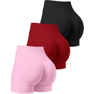 OLCHEE Womens Workout Shorts Seamless Scrunch Butt Lifting 3 Pack Yoga Gym Athletic High Waisted Tummy Control Booty 4.1" (Large, Black+red+light Pink)